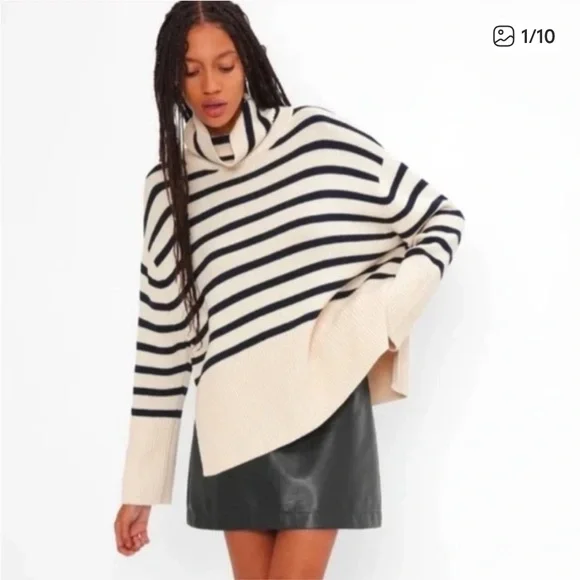 Gap 24/7 Split Hem Striped Turtleneck Sweater, NWT, Size XL in Cream and Navy - Picture 3 of 14